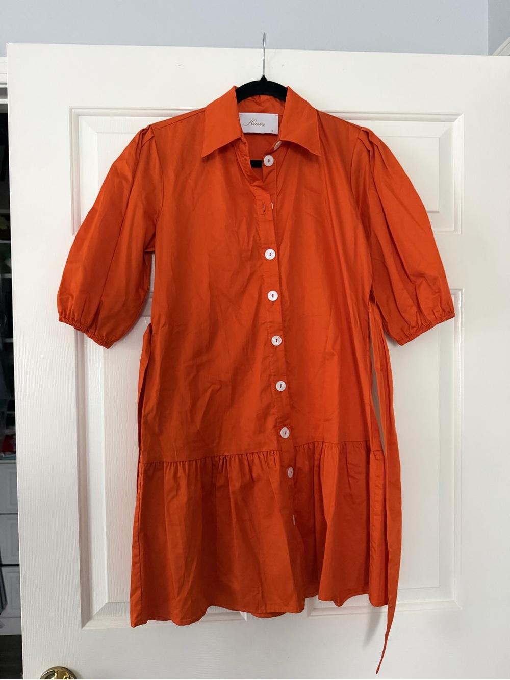 Collared Orange Button-Front Long Sleeve Dress